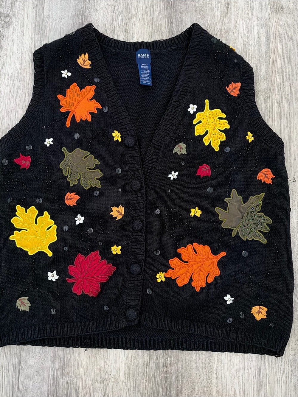 Vintage Fall Leaves Sweater Vest Basic Additions Womens Large Black Cottage